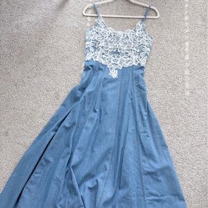 Blue Denim Dress with Lace Trim